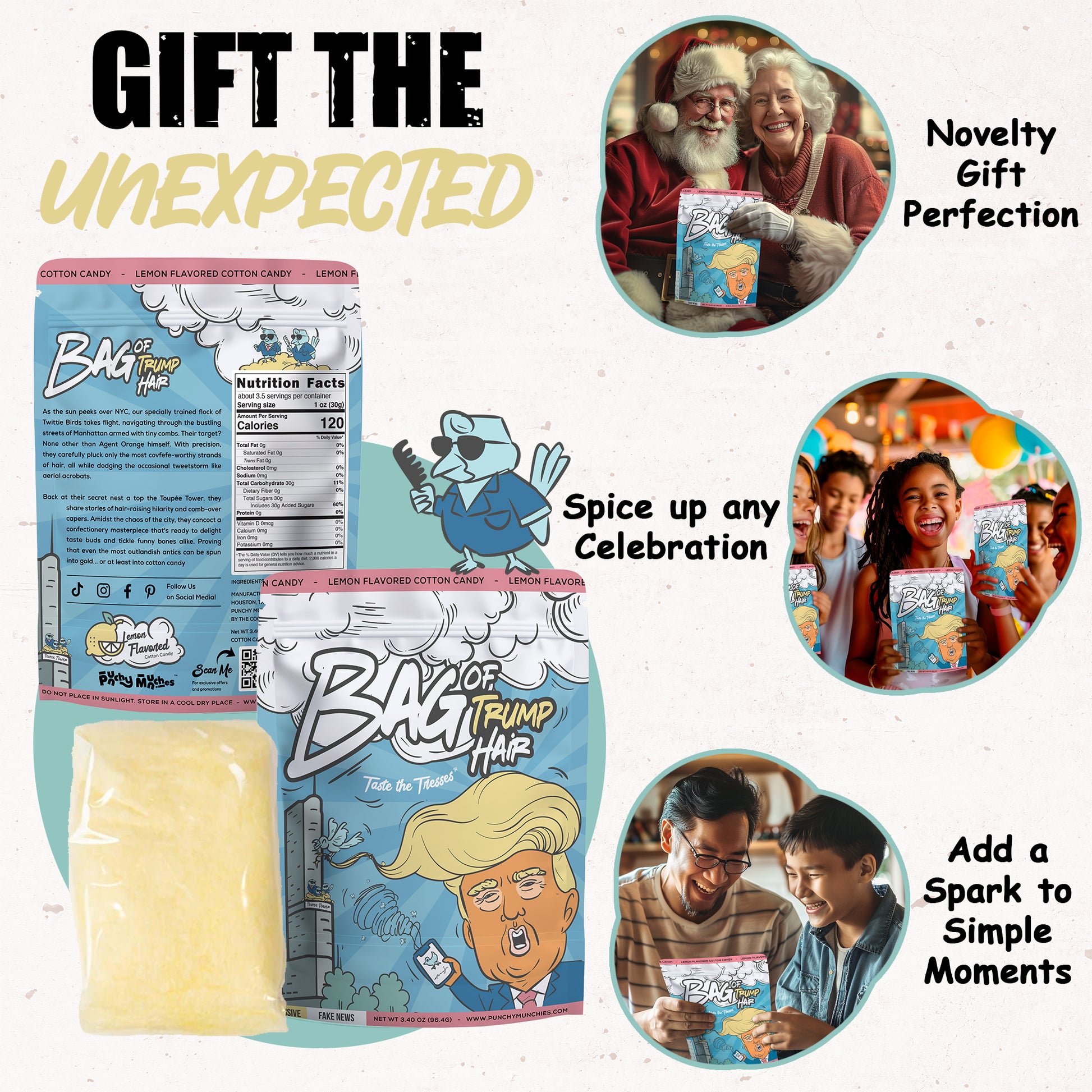 Funny Gag Gifts - Iconic Bag of Trump Hair Cotton Candy, a hilarious treat to share laughter and joy
