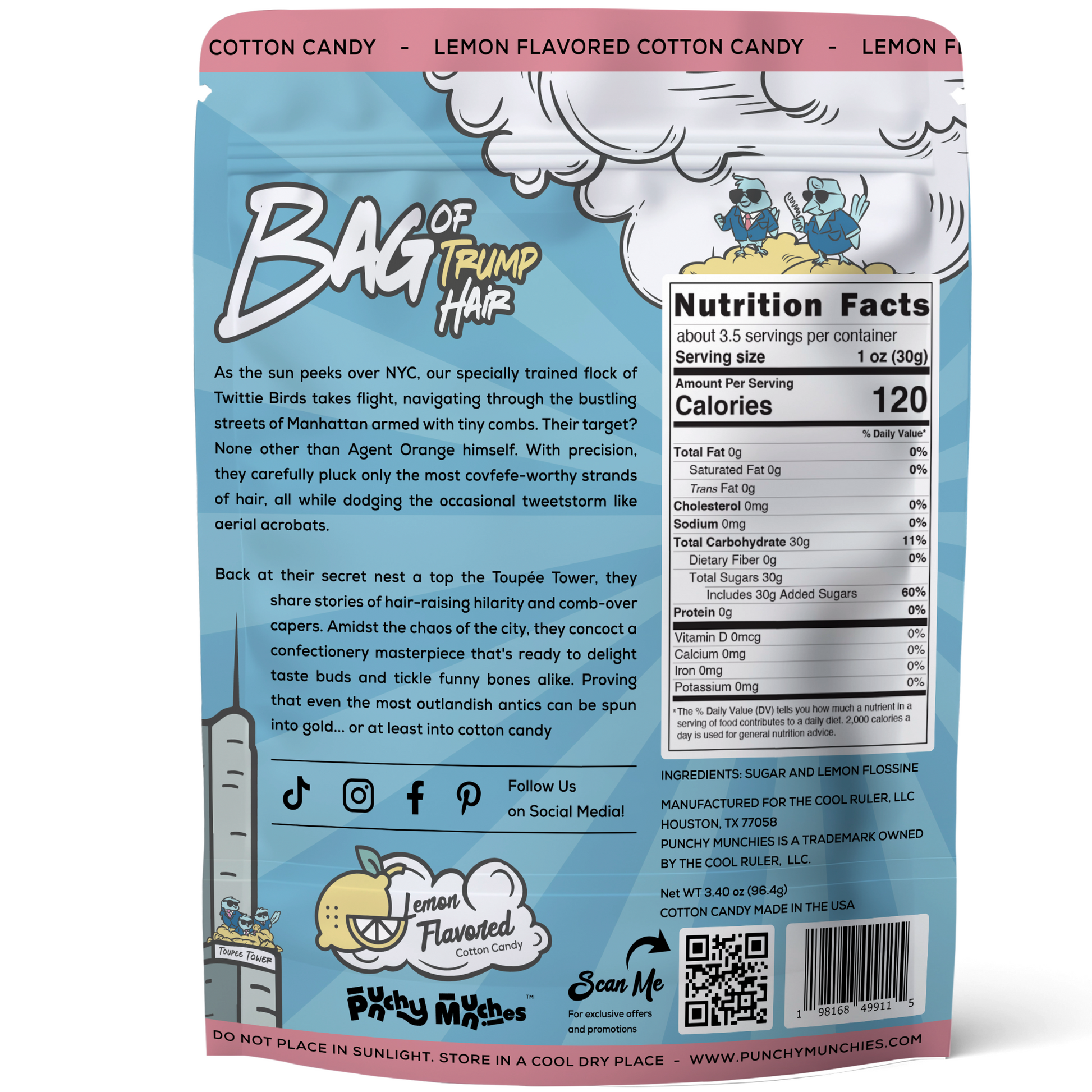 Back packaging of Bag of Trump Hair Cotton Candy, featuring humorous product description, nutritional information, and branding details from Punchy Munchies.