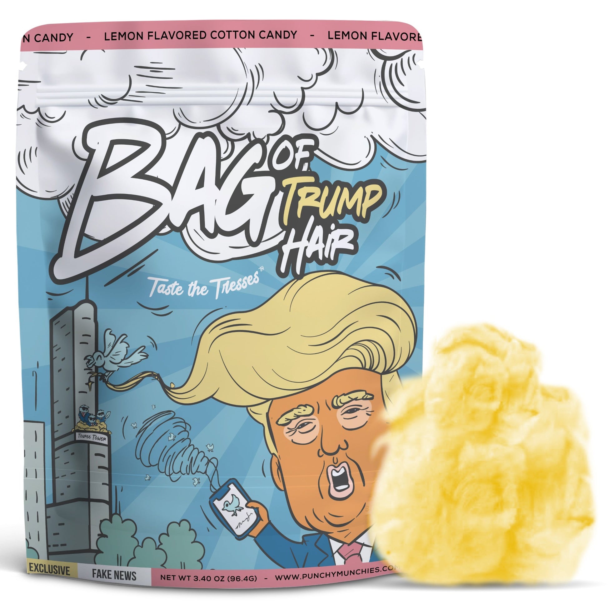 Lemon-flavored Bag of Trump Hair Cotton Candy featuring hilarious packaging with Trump’s iconic hair design, perfect for gag gifts, White Elephant parties, and quirky snacks.