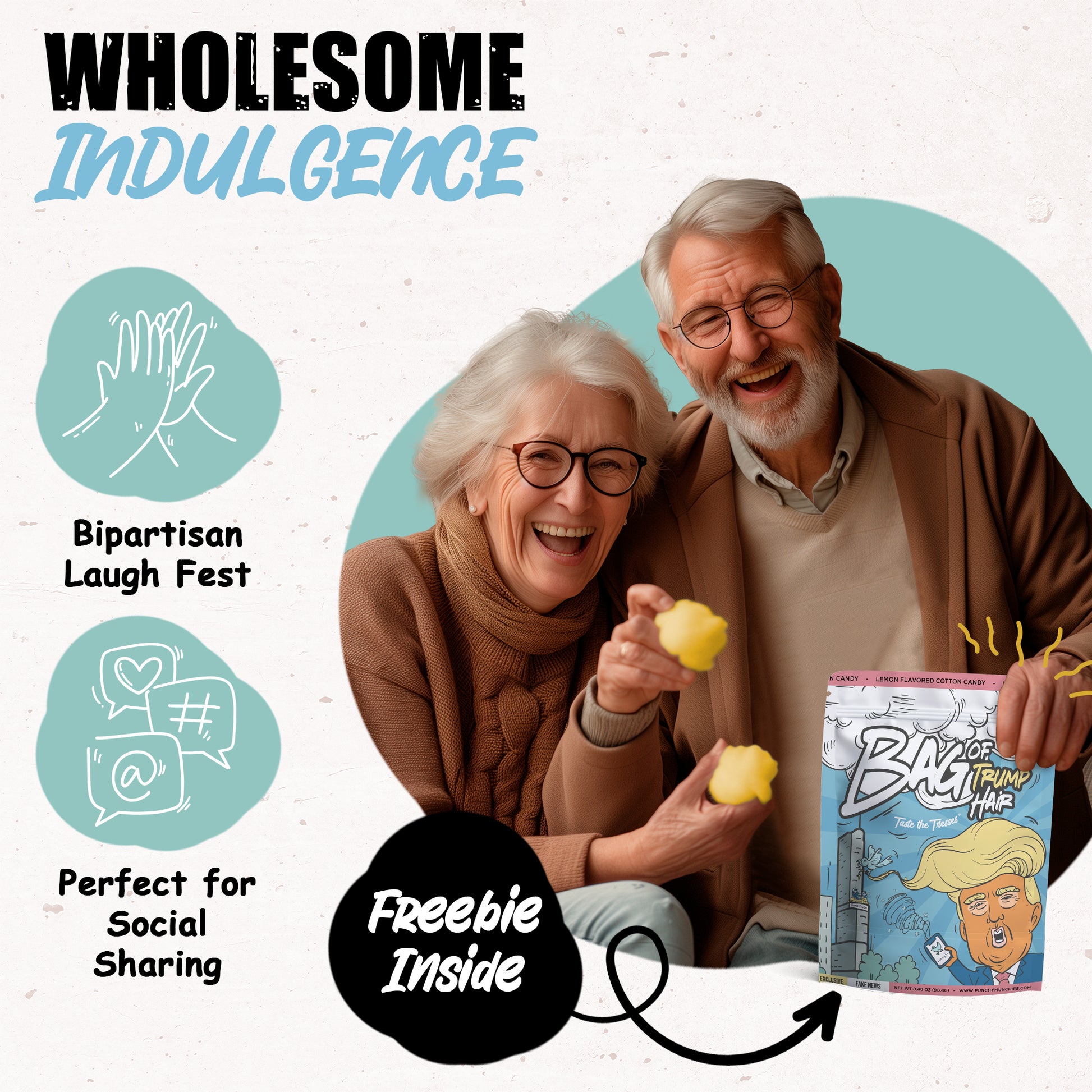 Elderly couple enjoying Bag of Trump Hair Cotton Candy, showcasing bipartisan humor and social media shareability, with 3.4 ounces of tangy lemon flavor.