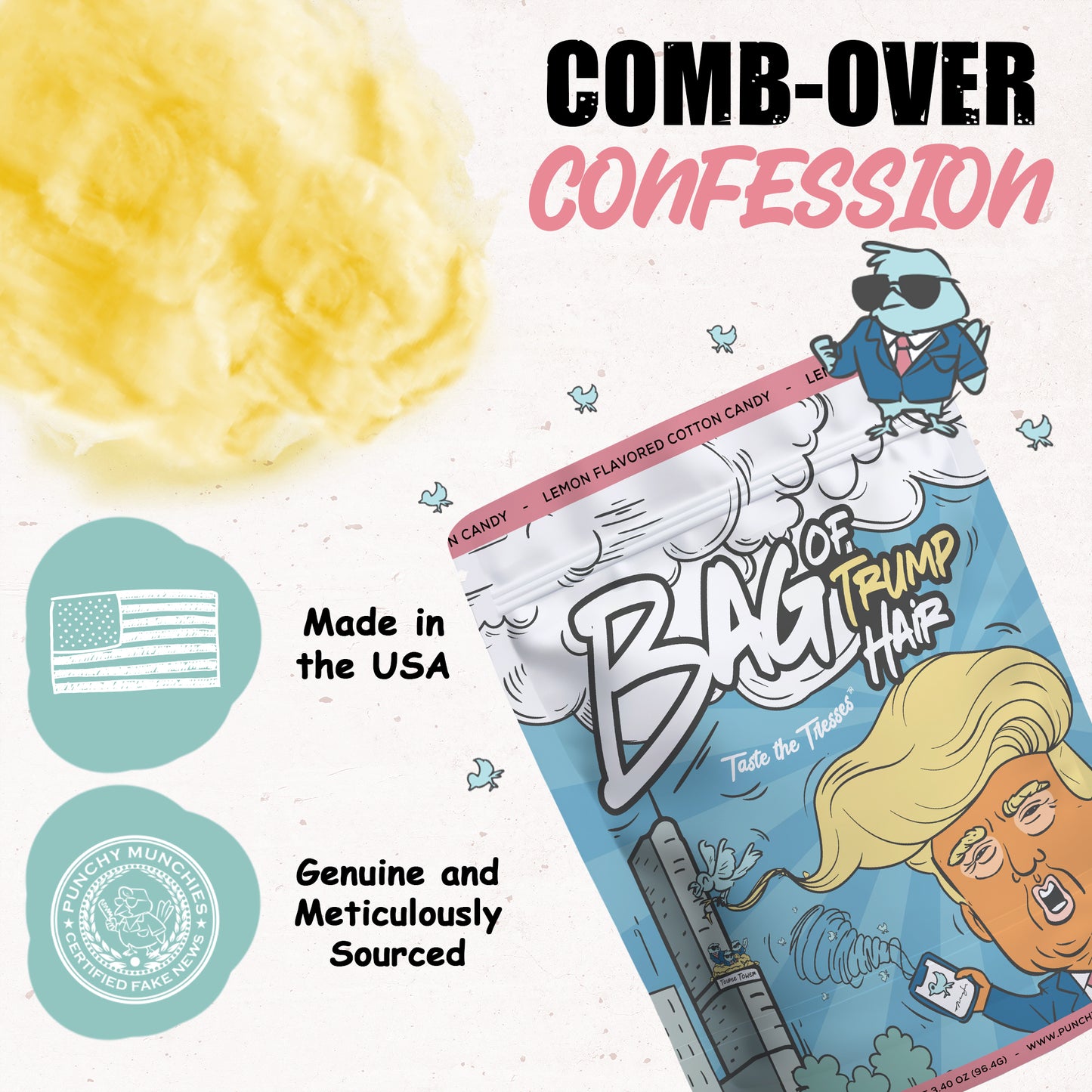 Comb-Over Confession design showcasing Made in the USA cotton candy with genuine lemon-flavored floss and bold packaging for novelty snack lovers.