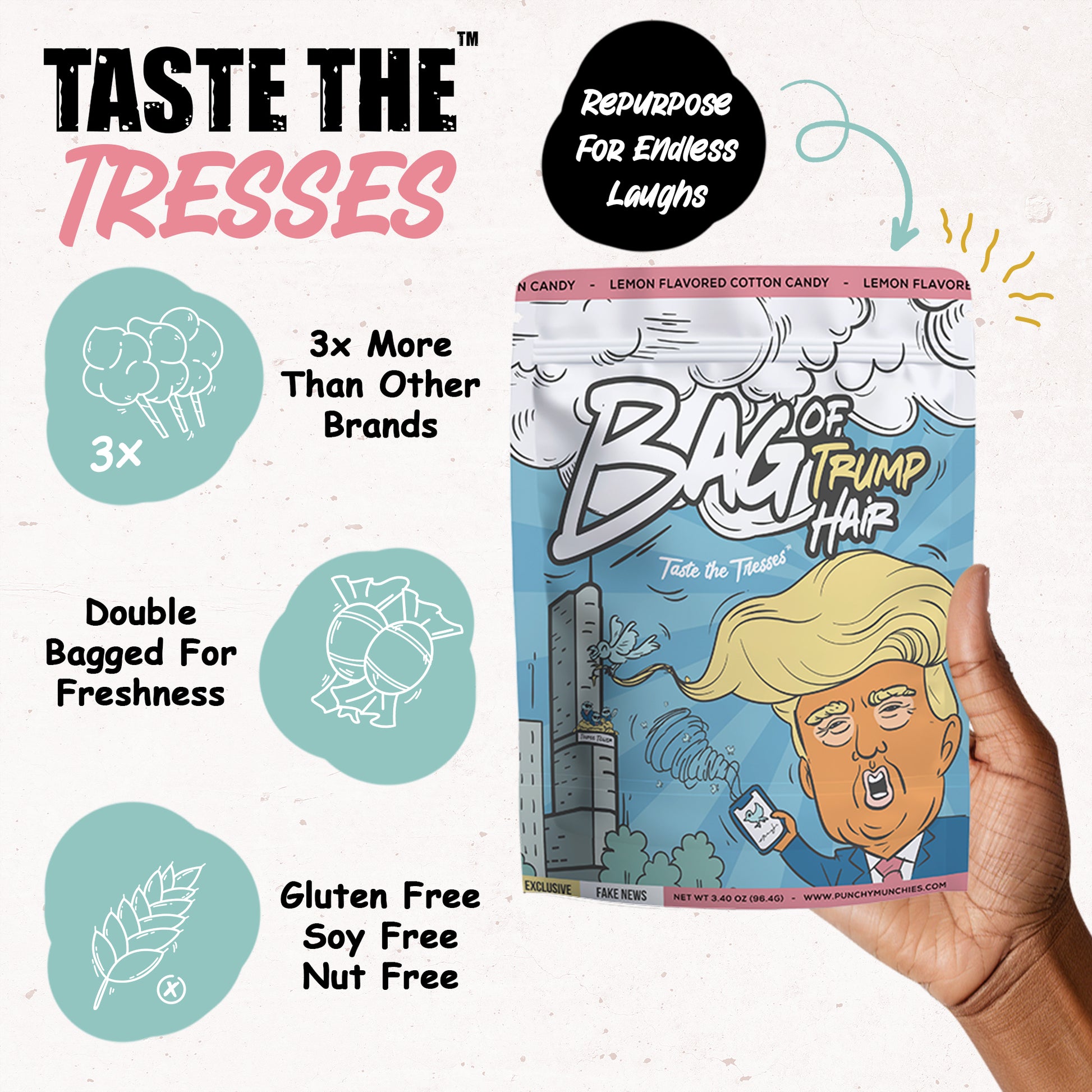 Key features of Bag of Trump Hair Cotton Candy, including 3x more cotton candy than competitors, gluten-free, soy-free, nut-free, and double-bagged for freshness.